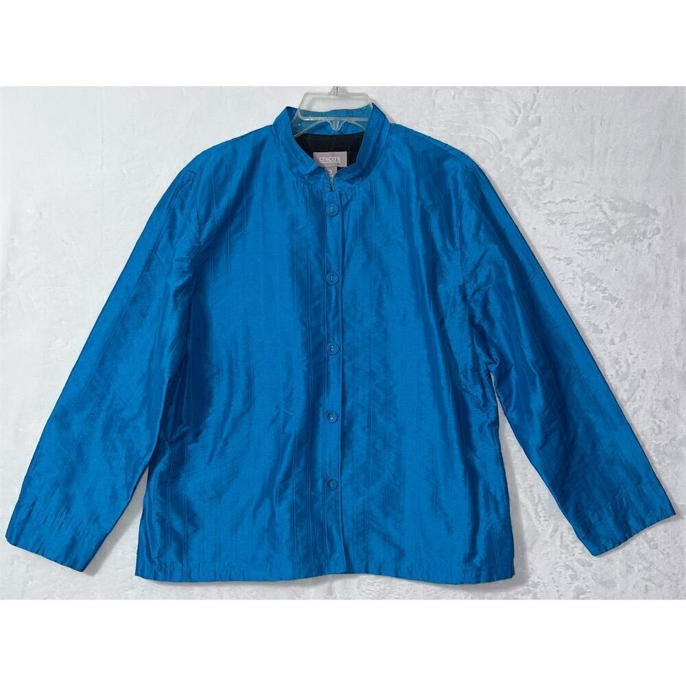 Chico's Women's Blue Ribbed Button-Up Jacket XL Long Sleeve